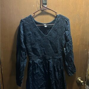 Women's Navy Smocked V-Neck Long Sleeve Denim Dress